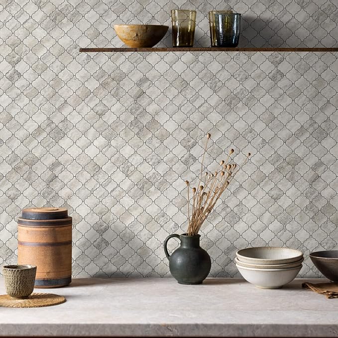 STICKGOO Arabesque Peel and Stick Backsplash Tile, Stick on Backsplash for Kitchen and Bathroom, Beige Marble Look PVC Mixed Metal Aluminum Mosaic Tiles (10 Sheets)