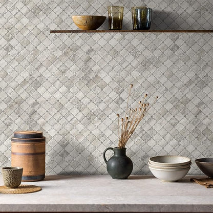 STICKGOO Arabesque Peel and Stick Backsplash Tile, Stick on Backsplash for Kitchen and Bathroom, Beige Marble Look PVC Mixed Metal Aluminum Mosaic Tiles (10 Sheets)