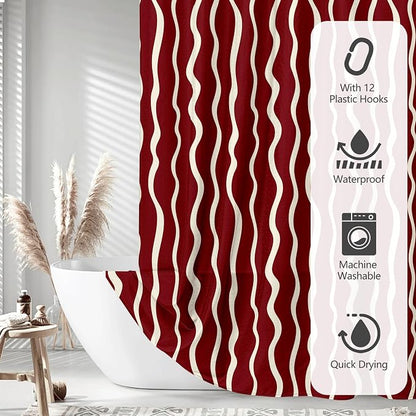 Tititex Cute Curvy Wavy Lines 140gsm Faux Linen Fabric Shower Curtain, Elegant Burgundy Red Wave Striped Shower Curtain Sets Decoration 72x72 Inch with Hooks