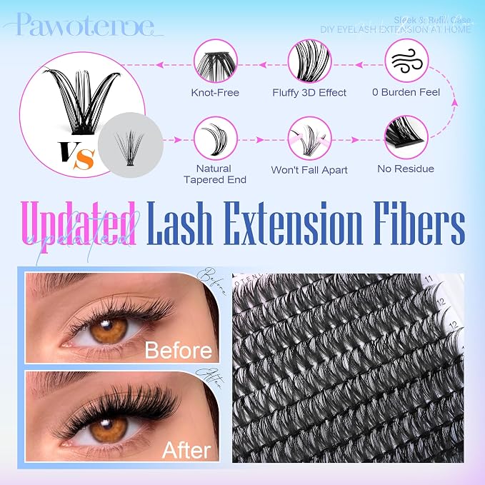 Lash Clusters 200pcs Individual Lashes 50D Cluster Eyelash Extensions 9-16mm Eyelash Clusters Lash Extensions for Self Application (50D, 0.07D, 9-16mm Refill)