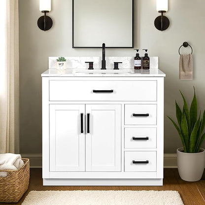 36-inch White Bathroom Vanity with Sink, Solid Wood, 0.79-inch Stone Countertop and Backsplash, 4 Drawers, 2 Soft Closing Doors