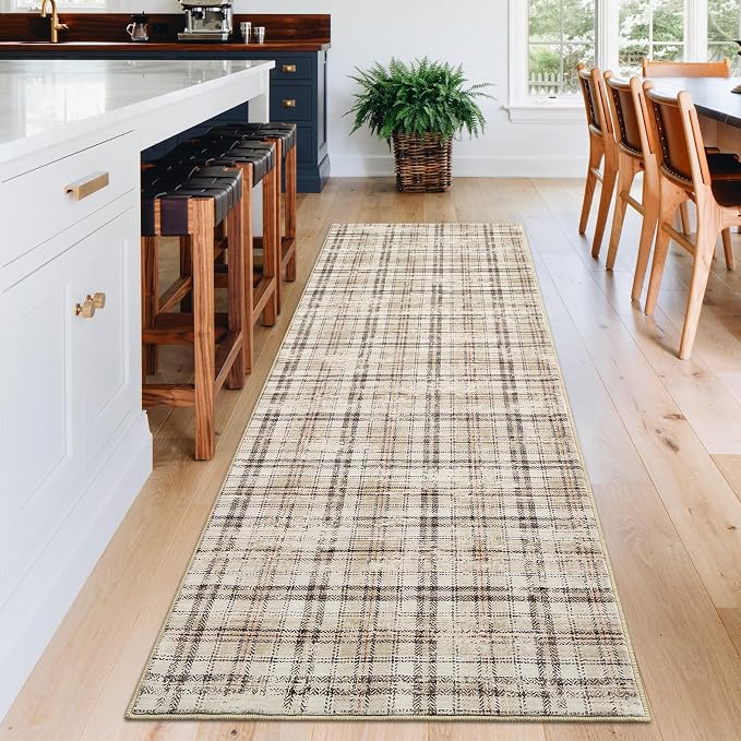 Washable Modern Tartan Plaid Non Slip Kitchen & Bedroom 2'x6' Beige Stain Resistant Throw Rug