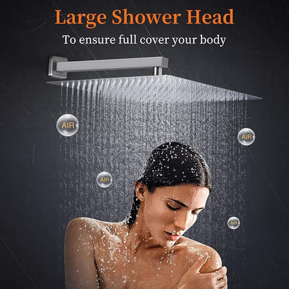 16 Inch Square Rain Shower Head | 304 Stainless Steel, 324 Jets, Ultra Thin High Pressure Bathroom Rainfall Showerhead, Brushed Nickel