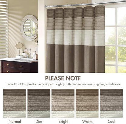 Madison Park Amherst Bathroom Shower Curtain Faux Silk Pieced Striped Modern Microfiber Bath Curtains, 72x72 Inches, Natural