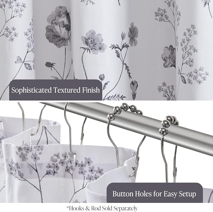 Martha Stewart Cotton Floral Extra Long Shower Curtain, 72 x 72, Black | Martha's Garden Series, Botanical Floral Print, Spa Quality Modern, Machine Washable, Modern Bathroom Curtains