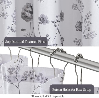 Martha Stewart 100% Cotton Floral Shower Curtain, 72 x 72, Black | Martha's Garden Series, Botanical Floral Print, Spa Quality Modern, Machine Washable, Modern Bathroom Curtains