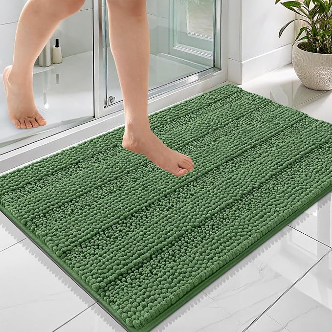OLANLY Thick Bathroom Rugs 36x24, Chenille Striped Bath Rugs, Olive Green | Rubber Backing, Machine Wash, Extra Soft Absorbent Bath Mats for Bathroom Floor, Tub and Shower, Home Decor Accessories