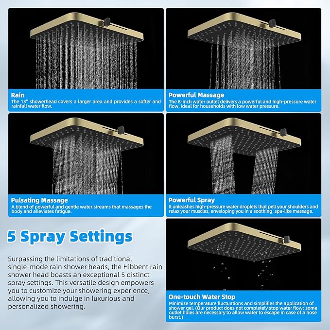 Hibbent 13'' 5-spray Rain Shower Head, 10-Spray Handheld, Brushed Gold | cUPC Certified High Pressure Dual Showerhead Combo, Upgraded Rainfall Shower Head, 12'' Extension Arm, 71'' Hose & Holder