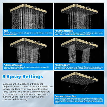 Hibbent 13'' 5-spray Rain Shower Head, 10-Spray Handheld, Brushed Gold | cUPC Certified High Pressure Dual Showerhead Combo, Upgraded Rainfall Shower Head, 12'' Extension Arm, 71'' Hose & Holder