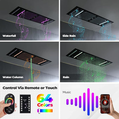 CASAINC Thermostatic Shower System with Body Jets, 36x12 Inch Luxury 6 Functions Waterfall Shower Jets System, Multifunctional Full Body Shower System with Sliding Rod Hand Shower, LED & Music