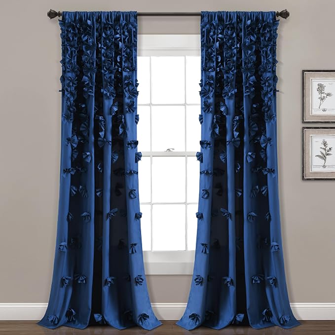 Lush Decor Riley Light Filtering Window Curtain Panel, Single 54" W x 95" L, Navy - Cute Blue Curtains for Bedroom - Bow Decor - Coquette Curtains for Windows
