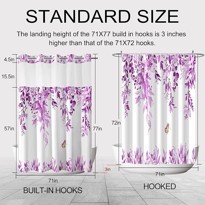 No Hook Shower Curtain and Liner Set, Purple Eucalyptus 71x77 | Floral Design, with Snap in Liner, See-Through Top Window, Waterproof, Machine Washable, Quick-Drying, for Hotel Bathroom