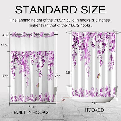 No Hook Shower Curtain and Liner Set, Purple Eucalyptus 71x77 | Floral Design, with Snap in Liner, See-Through Top Window, Waterproof, Machine Washable, Quick-Drying, for Hotel Bathroom