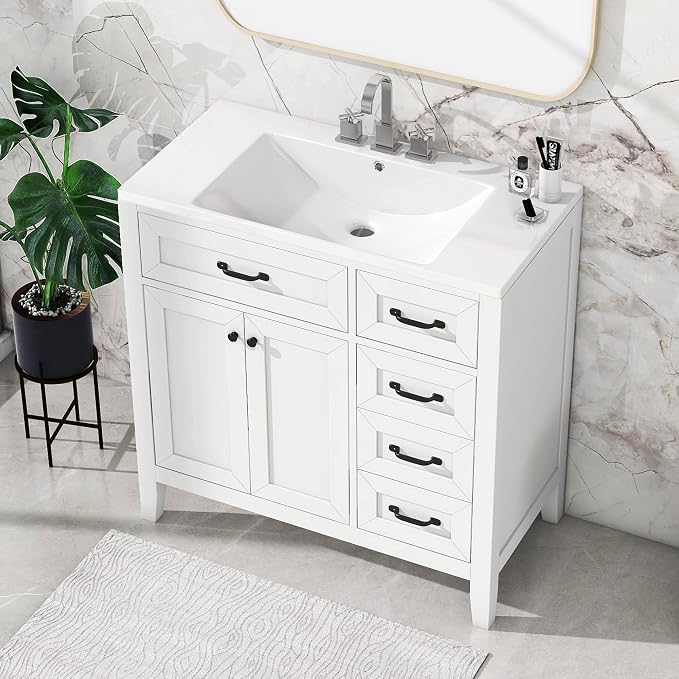 36 Inch Bathroom Vanity Without Sink, Base Only, Storage Cabinet with Doors and Drawers, White