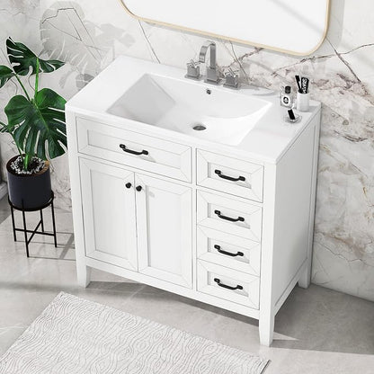 36 Inch Bathroom Vanity Without Sink, Base Only, Storage Cabinet with Doors and Drawers, White