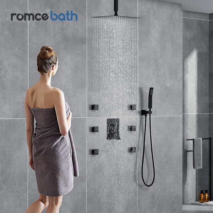 Rain Shower System With Complete 6 Pcs Body Sprays Jets And Pressured Balance Rough-in Valve,12Inch Rainfall Shower Head And Handheld, Modern Matte Black Ceiling Mount Shower Faucets Sets