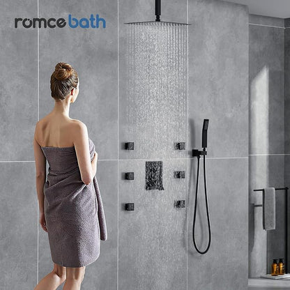 Rain Shower System With Complete 6 Pcs Body Sprays Jets And Pressured Balance Rough-in Valve,12Inch Rainfall Shower Head And Handheld, Modern Matte Black Ceiling Mount Shower Faucets Sets