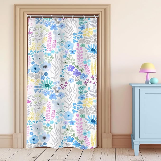 Small Stall Blue Floral Boho Wildflower Plant Bathroom Shower Curtain Set | 36"W x 72"H Watercolor Leaves; waterproof HD print, quick-dry fabric with 12 hooks for easy hanging.