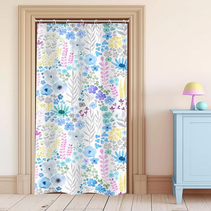 Small Stall Blue Floral Boho Wildflower Plant Bathroom Shower Curtain Set | 36"W x 72"H Watercolor Leaves; waterproof HD print, quick-dry fabric with 12 hooks for easy hanging.
