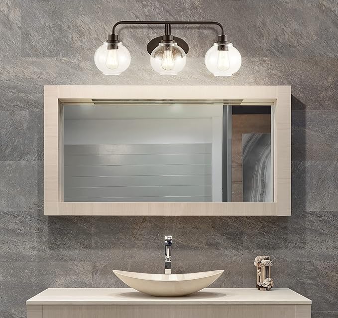 JONATHAN Y 26.25" Oil Rubbed Bronze Farmhouse LED Vanity Light Wall Sconce for Bathroom, Clear Seeded Glass Shade, Industrial Iron Indoor Fixture, LED Bulb Included (JYL7528A)