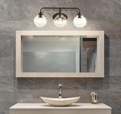 JONATHAN Y 26.25" Oil Rubbed Bronze Farmhouse LED Vanity Light Wall Sconce for Bathroom, Clear Seeded Glass Shade, Industrial Iron Indoor Fixture, LED Bulb Included (JYL7528A)