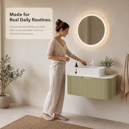 36 Inch Bathroom Vanity with Sink, Floating Wall Mounted Single Sink Vanity, Sage Green Curved Fluted Front, Stone Top, White Textured Rectangular Vessel Basin, Pre-Assembled