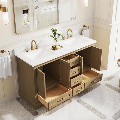 WELLFOR 60" Bathroom Vanity with Double Sinks, Bathroom Freestanding Vanity W/4 Soft-Close Doors and 6 Drawers, Large Storage Space Vanity, Bathroom Vanity with Cultured Marble Countertop (Oak)