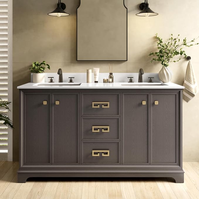 60 Inch Double Sink Bathroom Vanity, Dark Walnut | Fully Assembled Bathroom Sink Cabinet, Marble Countertop & Backsplash, Soft Closing 4 Doors & 3 Drawers, Adjustable Shelves
