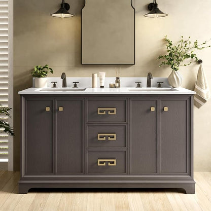 60 Inch Double Sink Bathroom Vanity, Dark Walnut | Fully Assembled Bathroom Sink Cabinet, Marble Countertop & Backsplash, Soft Closing 4 Doors & 3 Drawers, Adjustable Shelves