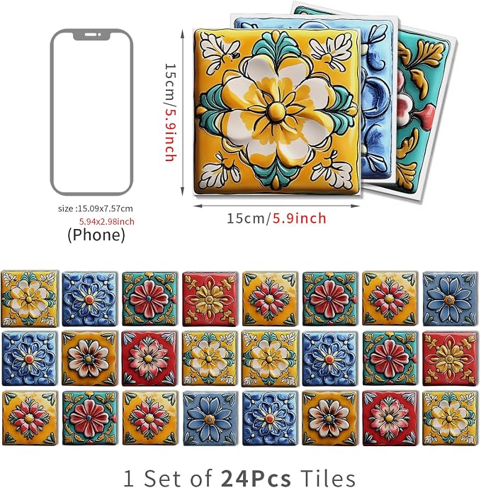 Tile Decals with Vibrant Flower Designs, 6X6IN-24 Pcs | 1.6mm-FOAM+PE Tiles,Strong Adhesive, Waterproof Sticker Decals for Kitchen,Bathroom,Cabinets