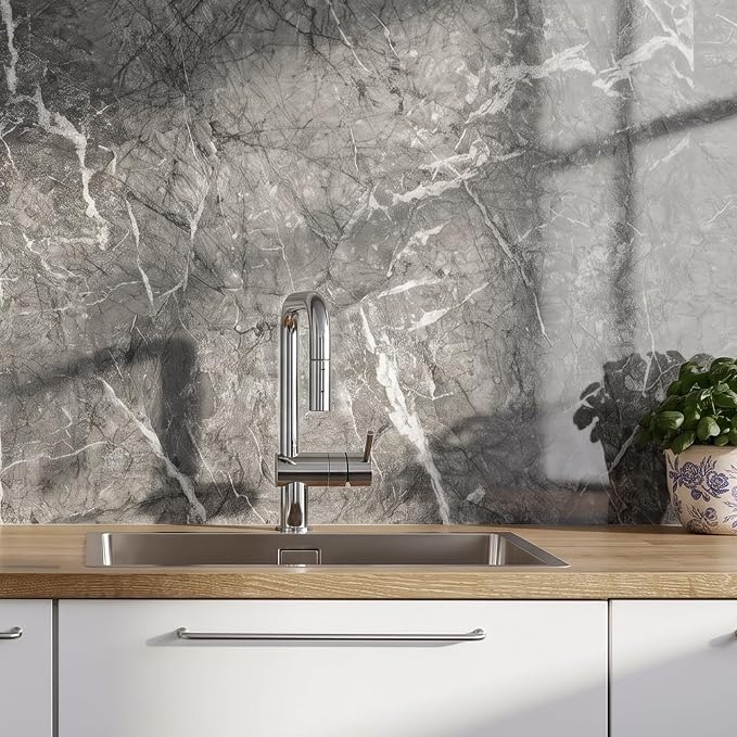 Marble Peel and Stick Waterproof Wall Paneling, 118" x 47" Bardiglio Grey Glossy Finish Self-Adhesive Backsplash Tile Vinyl Wall Panel for Kitchen Bathroom Wall Decor, Covers 38.75 Sq. Ft.