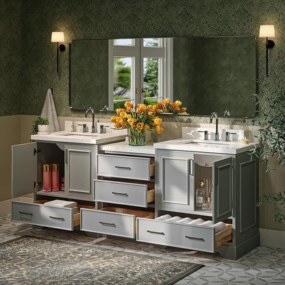 ARIEL Stafford 84-inch Bathroom Vanity with Sink,Solid Wood, 1.5in Carrara White Quartz Countertop & Backsplash, Double Rectangular Porcelain Sink, 4 Soft Closing Doors, 5 Dovetail Drawers, Grey
