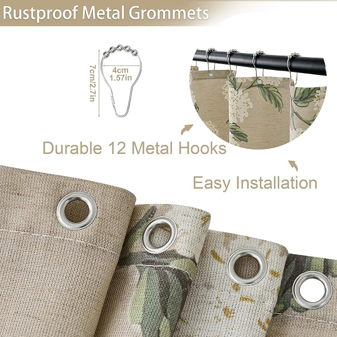 ORTIGIA Linen Textured Ruffle Shower Curtain with Metal Hooks, Off-White Cream Floral Hydrangea Waterproof Bath Curtain for Rustic Farmhouse Bathroom Decor 72x72 Inch