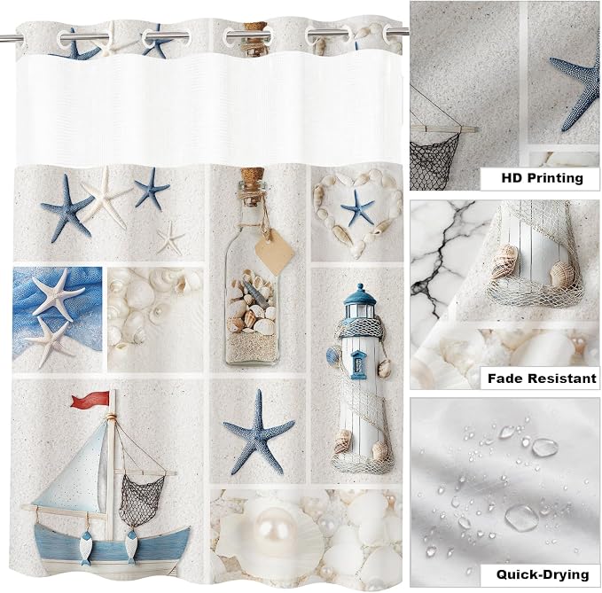 White Abstract Beach Theme No Hook Waffle Weave Shower Curtain with Snap in Liner Summer Ocean Coastal Nautical Modern Bathroom Decor Set 72 W x 74 H Inch Blue
