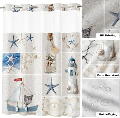 White Abstract Beach Theme No Hook Waffle Weave Shower Curtain with Snap in Liner Summer Ocean Coastal Nautical Modern Bathroom Decor Set 72 W x 74 H Inch Blue