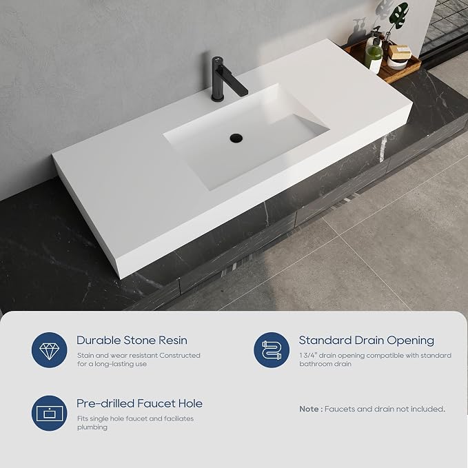 SJ Star&Jane 48" x 19" in Solid Surface Bathroom Sink, Wall-Mount or Countertop Vessel Sink, Rectangle Floating Vanity Sink, Pre-installed Faucet Holes, Durable Modern Design