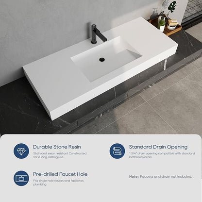 SJ Star&Jane 48" x 19" in Solid Surface Bathroom Sink, Wall-Mount or Countertop Vessel Sink, Rectangle Floating Vanity Sink, Pre-installed Faucet Holes, Durable Modern Design