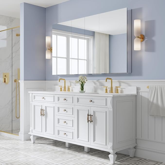 64" x 36" Bathroom Medicine Cabinet with Mirror, Anodized Chrome Aluminum Frame, Surface Mount or Recessed Medicine Cabinet with Mirror, Bathroom Mirror with Storage, Four Doors