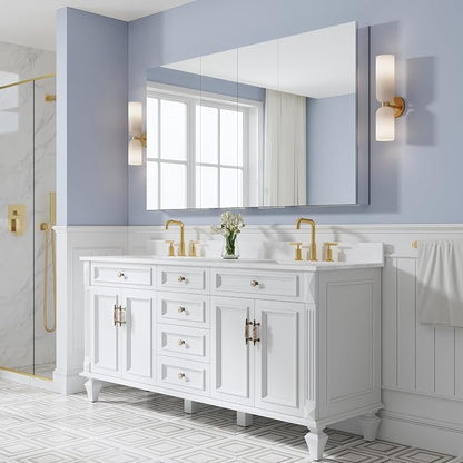 64" x 36" Bathroom Medicine Cabinet with Mirror, Anodized Chrome Aluminum Frame, Surface Mount or Recessed Medicine Cabinet with Mirror, Bathroom Mirror with Storage, Four Doors