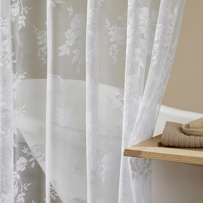 White Lace Shower Curtain 36 Inch with Attached Valance Victorian Floral Shower Curtain Vintage French Country Scalloped Edge for Bathroom Decor Spa Hotel Bath Short Rental Loft, 1 Panel, 36x72