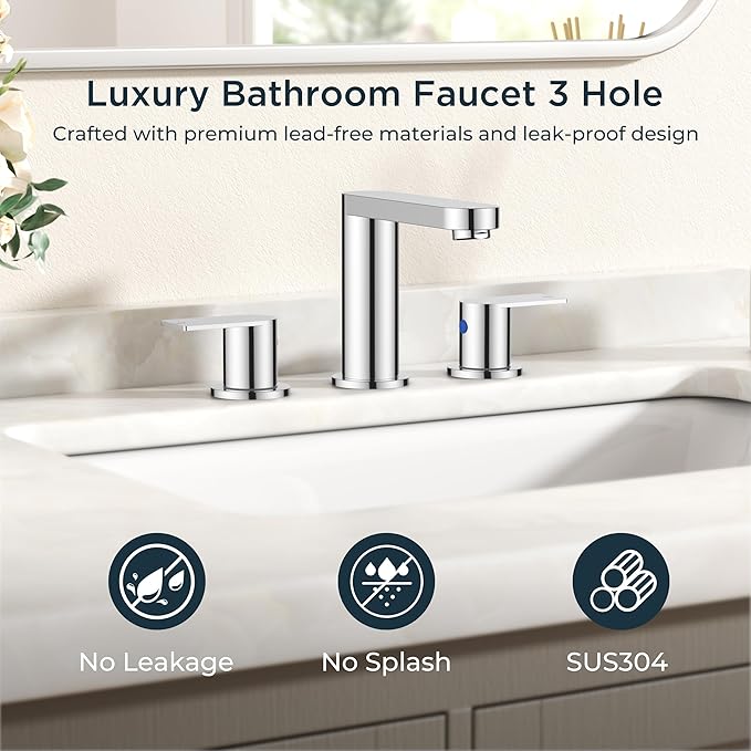 FORIOUS Bathroom Faucets 3 Hole Chrome, 8 Inch Widespread Bathroom Sink Faucet with Pop-up Drain and cUPC Supply Lines for Basin, Vanity, Laundry Room and Restroom