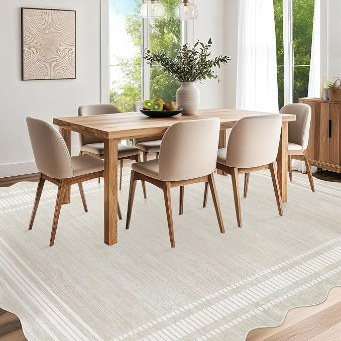 Garvee Scalloped Area Rug 9x12 Large Washable Rug for Living Room, Beige | Girls Rug for Bedroom, Non-Slip Soft Carpet for Bedroom, Scalloped Low-Pile Print Accent Rug for Dining Room Home Office