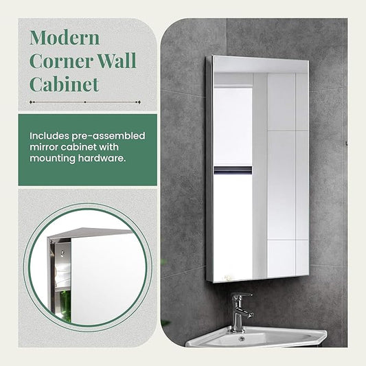 Renovators Supply Infinity Corner Medicine Cabinet with Mirror - Triple Shelf Storage Cabinet - Modern Wall Mount Medicine Cabinet - 23.6 in., Left Open, Polished Stainless Steel, Pack of 2