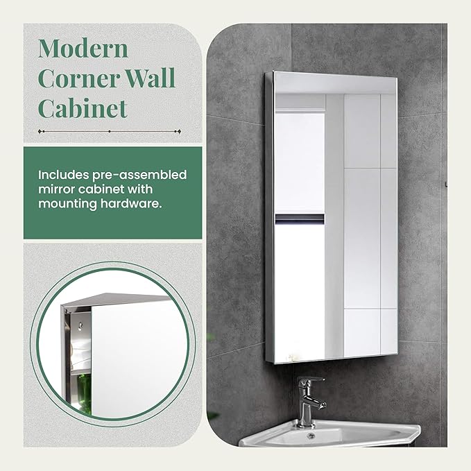 Renovators Supply Infinity Corner Medicine Cabinet with Mirror - Triple Shelf Storage Cabinet - Modern Wall Mount Medicine Cabinet - 31.5 in., Left Open, Brushed Stainless Steel, Pack of 1