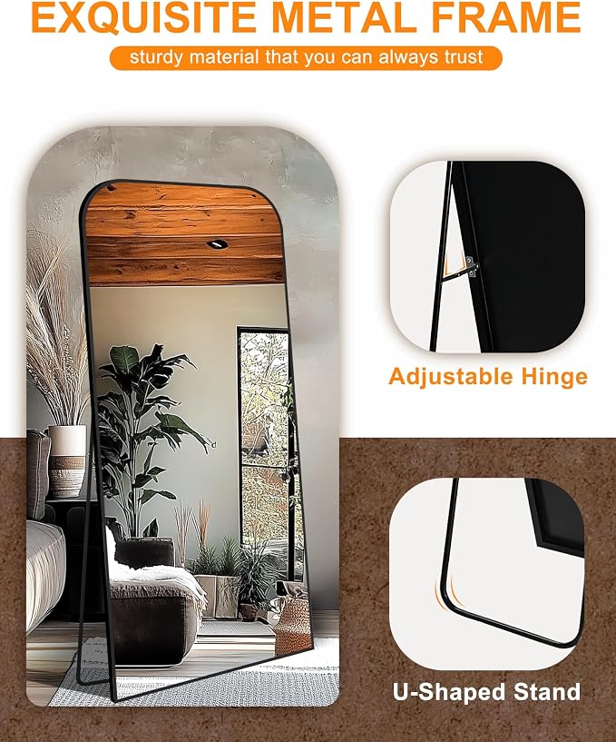 56"x25" Black Metal Framed Bathroom Mirror for Over Sink | Rounded rectangle shape. Shatterproof HD glass, all mounting hardware for bathroom, bedroom, entryway.