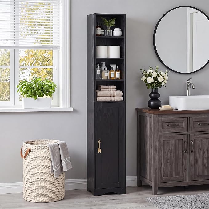 VECELO Narrow Tall Cabinet with Closed Door, 6 Adjustable Movable Shelves, Wood Space Saving Corner Storage Unit, Sleek Black