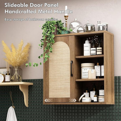 RUSTOWN Boho Rattan Wall Cabinet, Midcentury Bathroom Cabinet with Sliding Door, Adjustable Shelves, Over The Toilet Storage Cabinet (Rustic Oak)