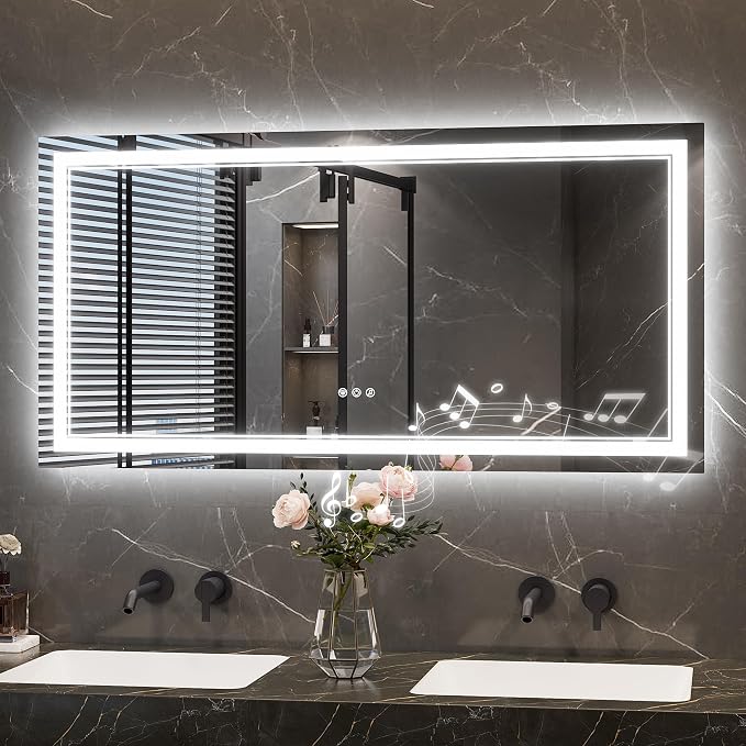 Keonjinn 48" x 24" LED Bathroom Mirror with Lights, Bluetooth Speaker | Frontlit & Backlit Bluetooth Mirror Bathroom, Dimmable 3-Color Lights, HD Tempered Glass, Anti-Fog, CRI90+, Plug-in/Hardwired