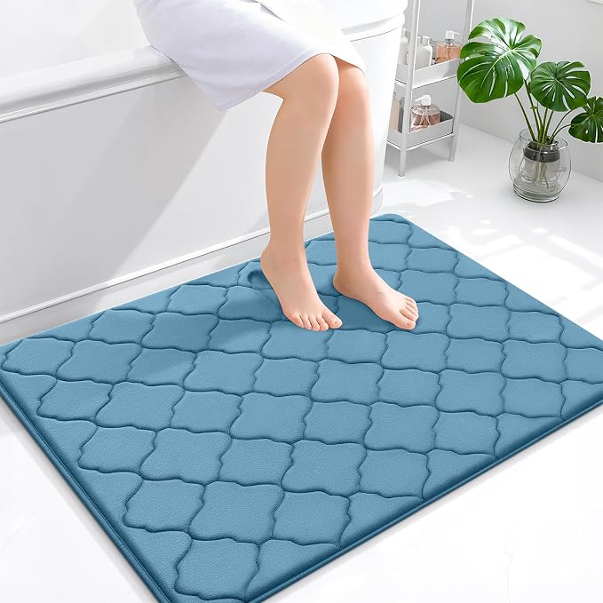 OLANLY Memory Foam Bath Mat Rug 40x32, Ultra Soft and Absorbent Bathroom Rugs, Non-Slip, Comfortable, Machine Washable Bath Carpet for Bathroom Floor, Tub, Shower and Home Decor Accessories, Blue