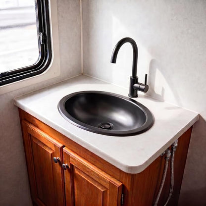 LQS Small RV Sink, Black Oval RV Bathroom Sink, 13.39 x 10.63 Inch | Drop-In Black Bathroom Sink for RVs, Stainless Steel Oval Small Sink with 5.12-Inch Depth and Drain Assembly Included